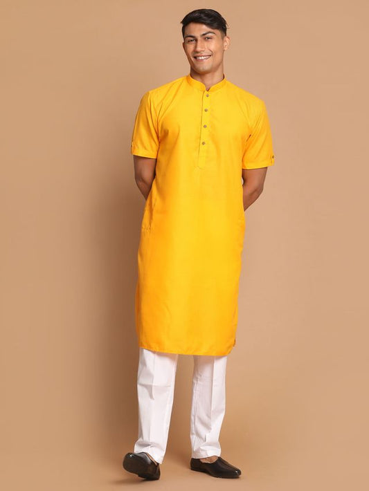 VM by Vastramay Men's Mustard And White Cotton Blend Kurta Pyjama Set