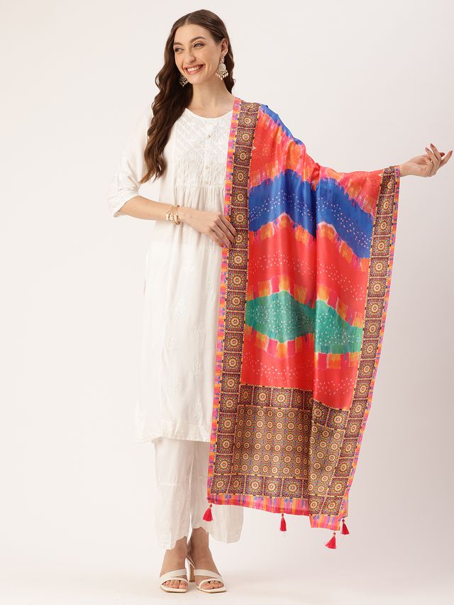 Sangam Prints Multi color Art Silk Printed Traditional Tassel Dupatta