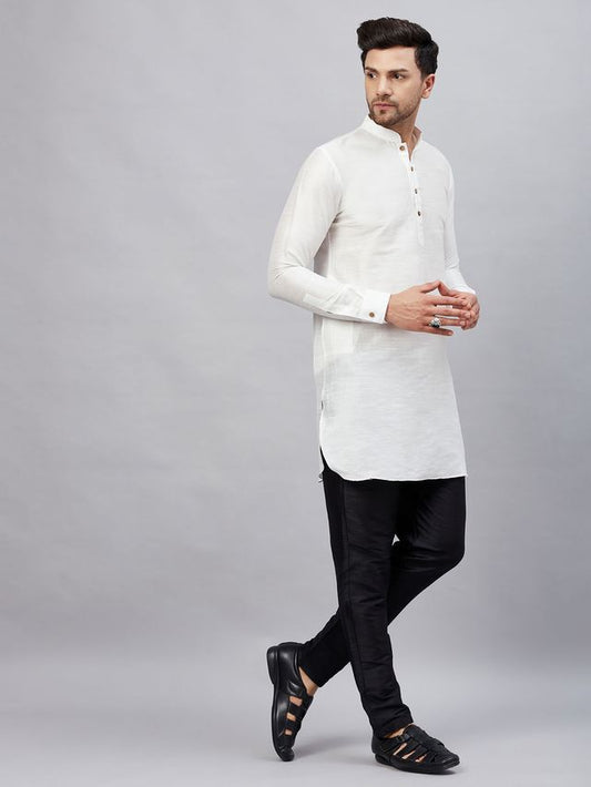 VM Men's White And Black Cotton Blend Kurta Pyjama Set