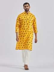 VASTRAMAY Men's Yellow Muslin Cotton Kurta Pyjama Set