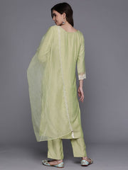 Indo Era Olive Embroidered Straight  Kurta Trousers With Dupatta Set