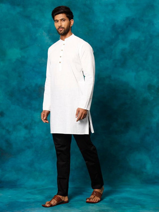 VASTRAMAY Men's White And Black Cotton Blend Kurta Pyjama Set