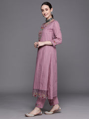 Indo Era Lavender Embroidered A-Line Kurta Trousers With Dupatta Set