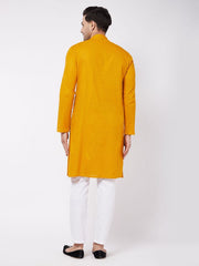 Vastramay Men's Mustard And White Cotton Linen Kurta Pyjama Set