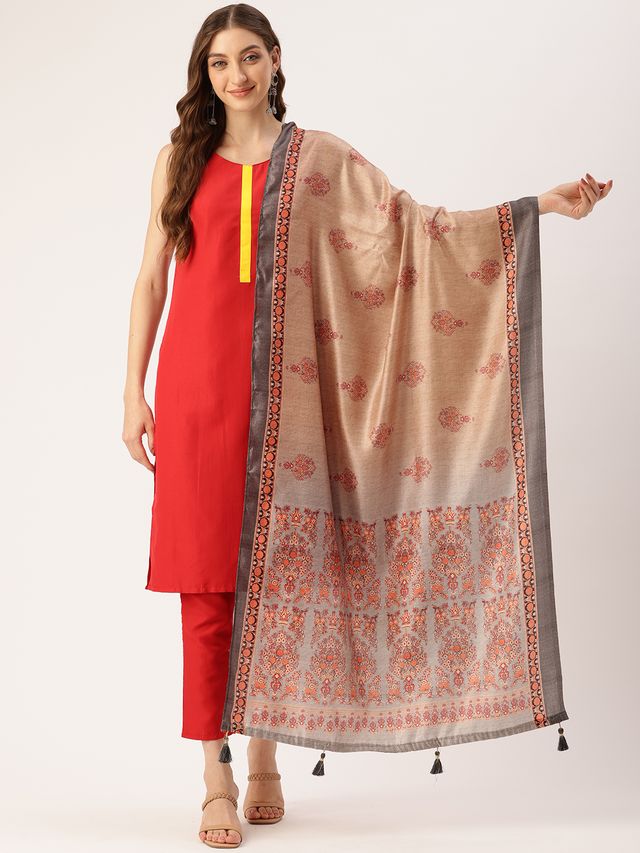 Sangam Prints Golden Art Silk Printed Traditional Tassel Dupatta