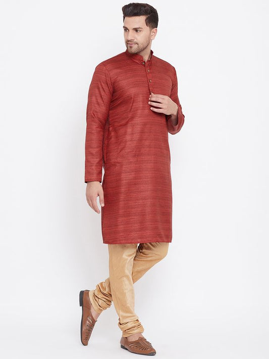 VM by Vastramay Men's Maroon And Rose Gold Silk Blend Kurta Pyjama Set