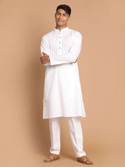 Vastramay Men's White Cotton Blend Kurta Pyjama Set