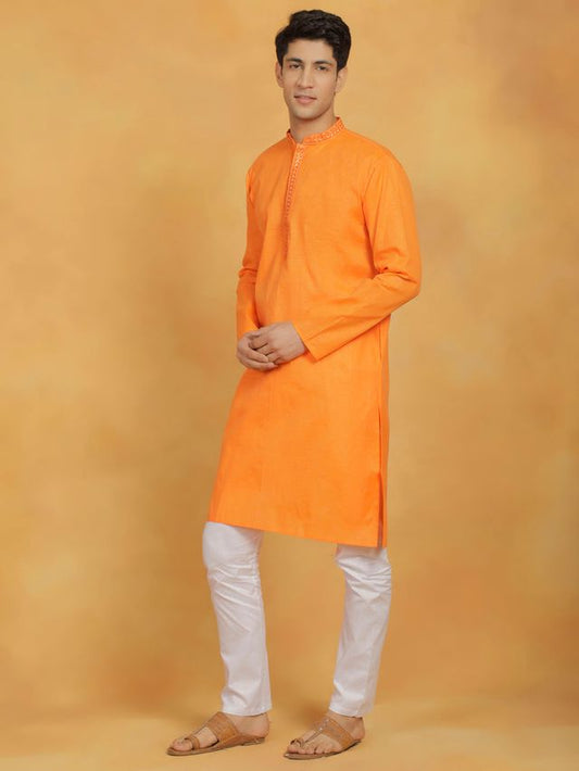 VASTRAMAY Men's Orange And White Cotton Kurta Pyjama Set