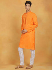 VASTRAMAY Men's Orange And White Cotton Kurta Pyjama Set