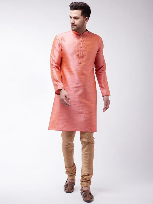 Vastramay Men's Pink Silk Blend Kurta Pyjama Set