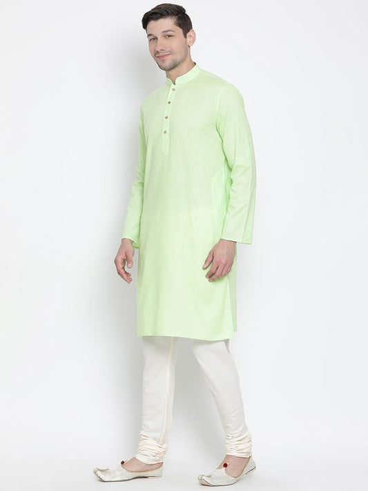 Vastramay Men's Light Green Cotton Linen Blend Kurta Pyjama Set