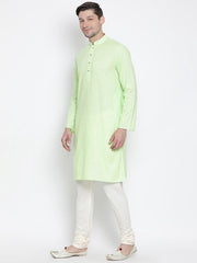 Vastramay Men's Light Green Cotton Linen Blend Kurta Pyjama Set