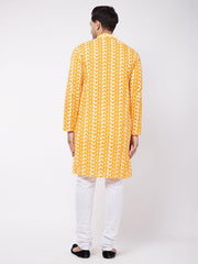 Vastramay Men's Orange And White Pure Cotton Kurta Pyjama Set