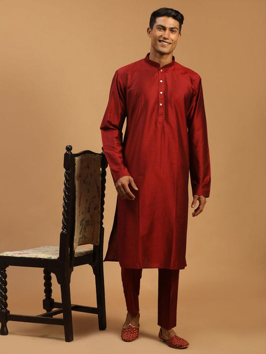 Shrestha By Vastramay Men's Maroon Viscose Kurta Pyjama Set