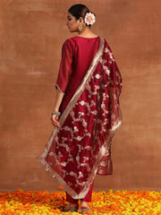 Indo Era Wine Woven Design Straight Kurta Trouders With Dupatta Set