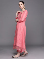 Indo Era Pink Embroidered A-Line Kurta Trousers With Dupatta Set