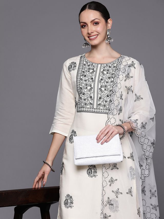 Indo Era White Embroidered Straight Kurta Trousers With Dupatta  Set