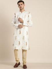 Shrestha By Vastramay Men's White And Gold Silk Blend Kurta Pyjama Set