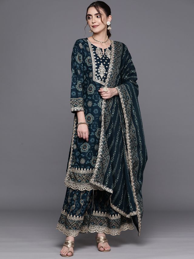 Indo Era Teal Printed Straight Kurta Sharara With Dupatta Set