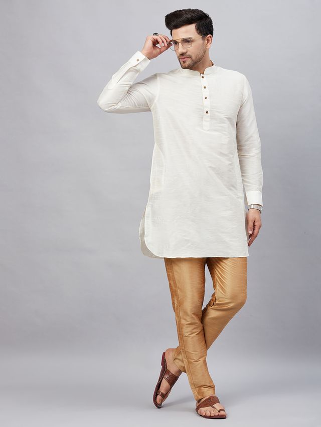 VM Men's Cream And Rose Gold Cotton Blend Kurta Pyjama Set