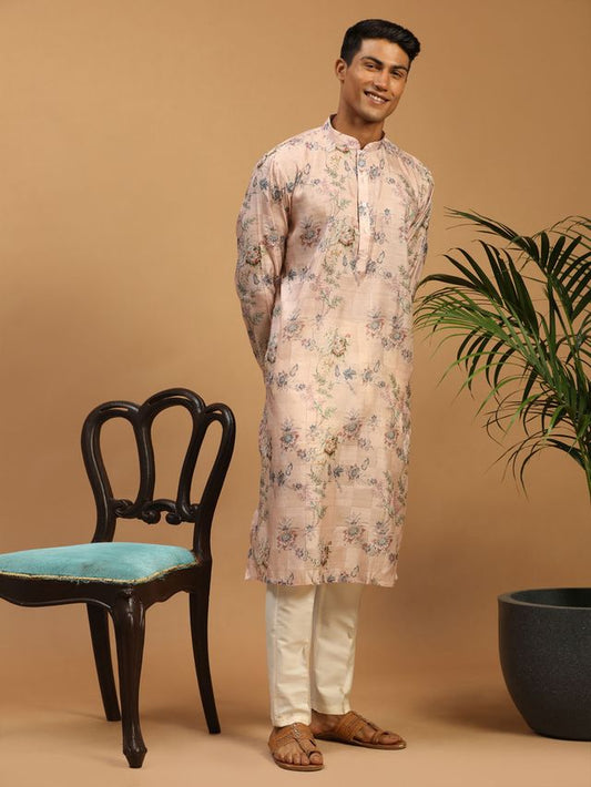 Vastramay Men's Pink And White Cotton Blend Kurta Pyjama Set