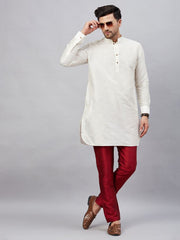 VM Men's Cream And Maroon Cotton Blend Kurta Pyjama Set