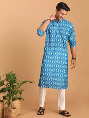 Vastramay Men's Turquoise Cotton Blend Kurta Pyjama Set