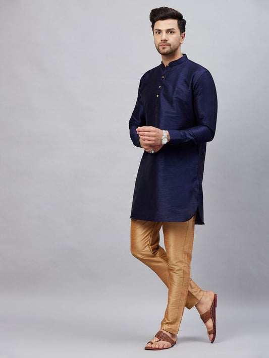 VM Men's Navy Blue And Rose Gold Cotton Blend Kurta Pyjama Set