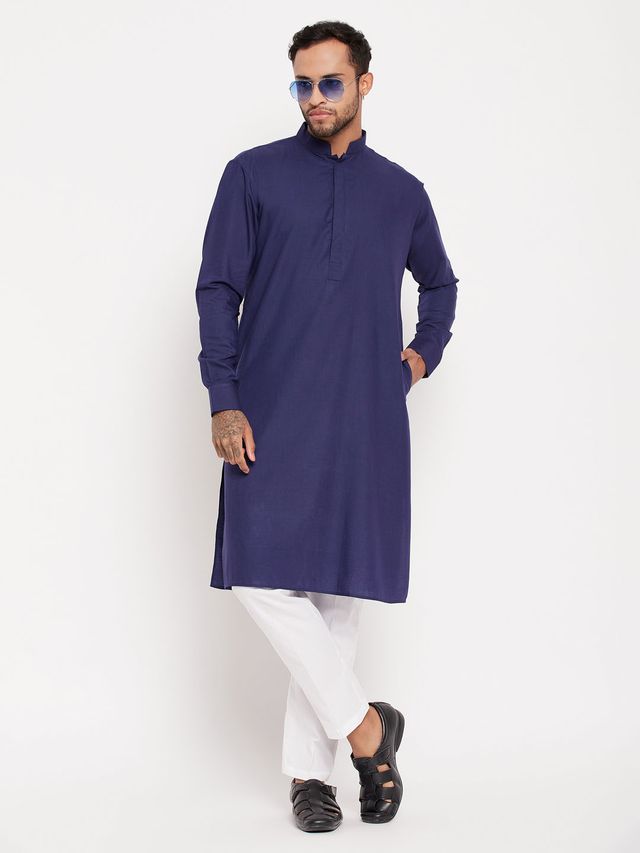 VM Men's Blue And White Cotton Blend Kurta Pyjama Set