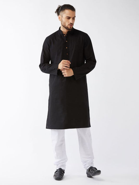 Vastramay Men's Black And White Cotton Linen Kurta Pyjama Set