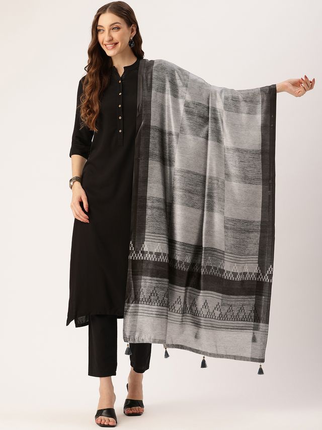 Sangam Prints Grey Art Silk Printed Traditional Tassel Dupatta