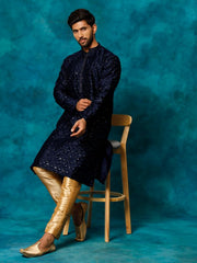 VM Men's Navy Blue And Rose Gold Silk Blend Kurta Pyjama Set