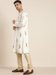 Shrestha By Vastramay Men's White And Gold Silk Blend Kurta Pyjama Set