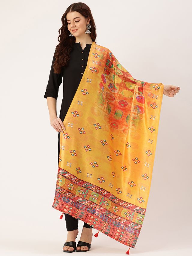 Sangam Prints Yellow Art Silk Printed Traditional Tassel Dupatta