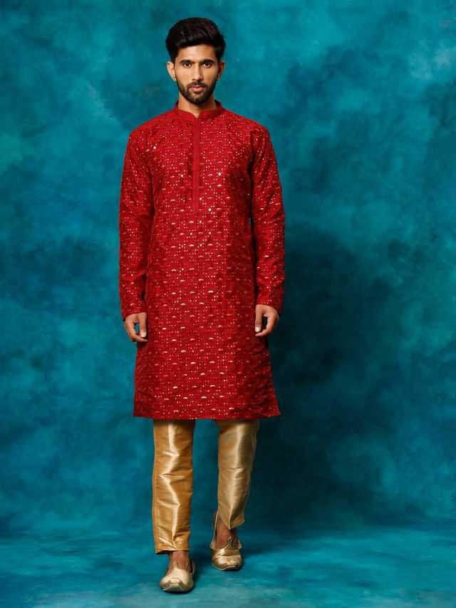 VM Men's Maroon Silk Blend Kurta Pyjama Set