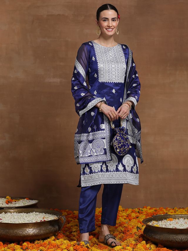 Indo Era Blue Woven Design Straight Kurta Trousers With Dupatta Set