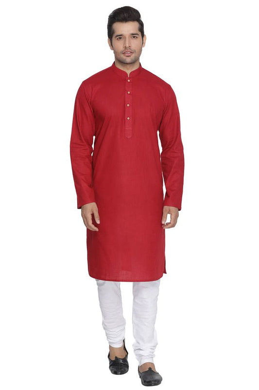 Vastramay Men's Maroon Cotton Linen Blend Kurta Pyjama Set