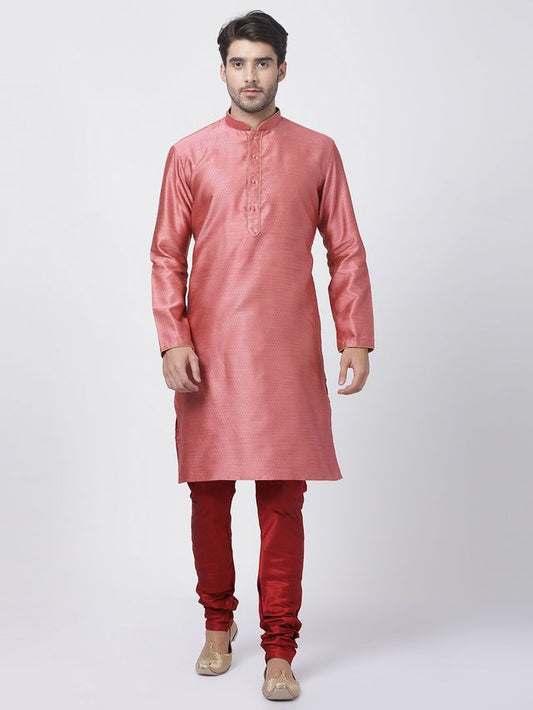 Vastramay Men's Pink Silk Blend Kurta Pyjama Set