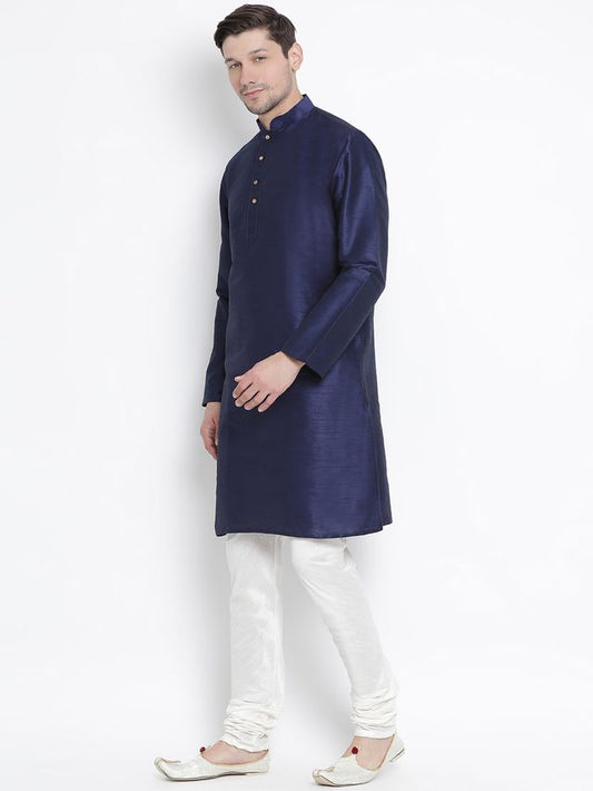 VM by Vastramay Men's Dark Blue Silk Blend Kurta Pyjama Set