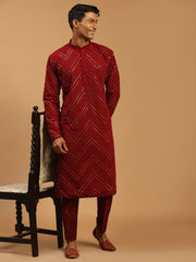 Shrestha By Vastramay Men's Maroon Georgette Kurta Pyjama Set