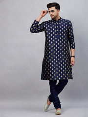 VM Men's Navy Blue Dupion Silk Kurta Pyjama Set