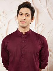 VASTRAMAY Men's Wine Cotton Blend Kurta Pyjama Set