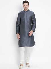 VM by Vastramay Men's Grey Silk Blend Kurta Pyjama Set