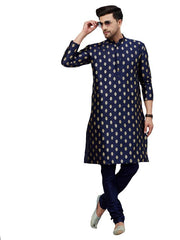 VM Men's Navy Blue Dupion Silk Kurta Pyjama Set