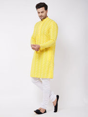 Vastramay Men's Mustard And White Pure Cotton Kurta Pyjama Set