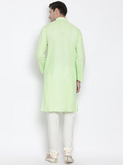 Vastramay Men's Light Green Cotton Linen Blend Kurta Pyjama Set