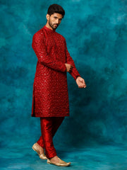 VM Men's Maroon And Rose Gold Silk Blend Kurta Pyjama Set