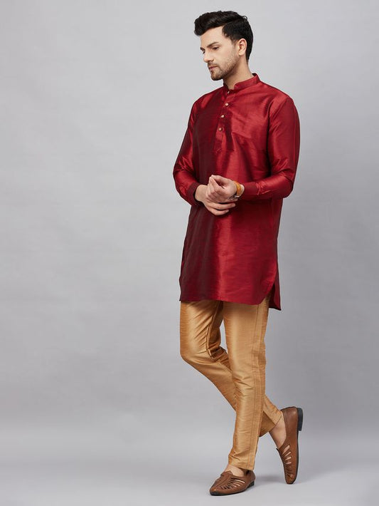 VM Men's Maroon And Rose Gold Cotton Blend Kurta Pyjama Set