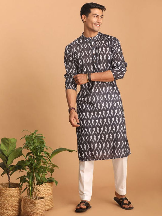 Vastramay Men's Black Cotton Blend Kurta Pyjama Set