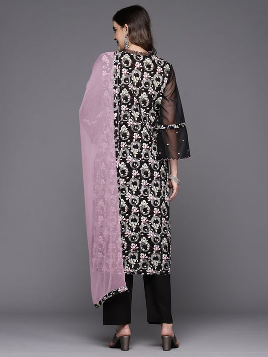 Indo Era Black Printed Straight Kurta Trousers With Dupatta Set